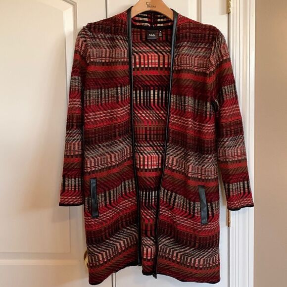 ‎Cardigan long sweater Aztec Geo Print women’s Medium faux leather trim - Picture 1 of 7